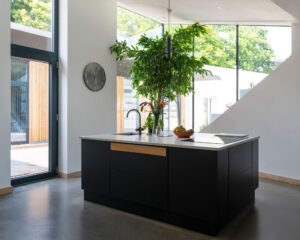 Kitchen island at Bigbury Hollow, a Para 80 energy efficient passive house. Another grand design by Hawkes Architecture.