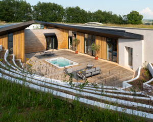 Courtyard of Bigbury Hollow, a Para 80, energy efficient passive house. Another grand design by Hawkes Architecture.