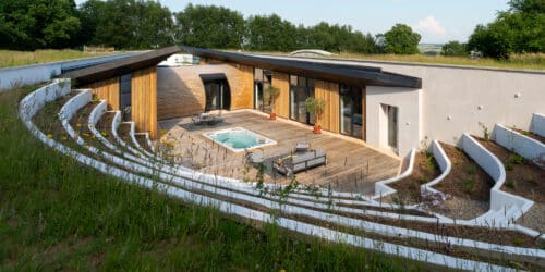 Courtyard of Bigbury Hollow, a Para 80, energy efficient passive house. Another grand design by Hawkes Architecture.