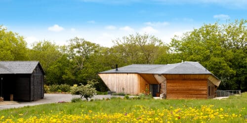 Arrival view of Brooks Barn, a Para 84 energy efficient passive house. Another grand design by Hawkes Architecture.