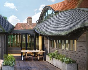 Outside area of Benenden Barn, a Para 80 (Para 79), energy efficient passive house. Another grand design by Hawkes Architecture.