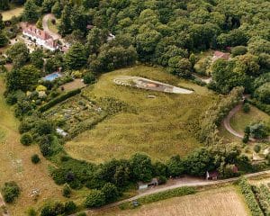 Aerial view of Bigbury Hollow, a Para 80 (PPS 7), nergy efficient passive house. Designed by Hawkes Architecture and featured on Channel 4's Grand Designs.