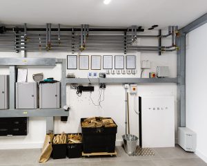 The plant room including Tesla battery at Brooks Barn, a Para 80 (Para 55), energy efficient passive house. Another grand design by Hawkes architecture.