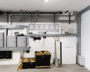 The plant room including Tesla battery at Brooks Barn, a Para 80 (Para 55), energy efficient passive house. Another grand design by Hawkes architecture.