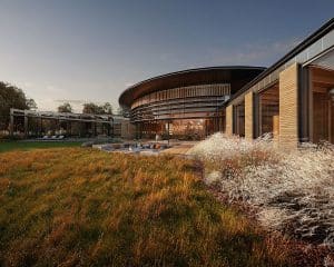 Garden area of Green Fox Farm, a Para 80, energy efficient passive house. Another grand design by Hawkes Architecture.