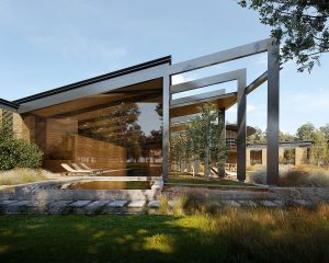 Side elevation of Green Fox Farm, a Para 80, energy efficient passive house. Another grand design by Hawkes Architecture.