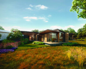 The garden view at Green Fox Farm, a Para 80, energy efficient passive house. Another grand design by Hawkes Architecture.