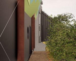 Side elevation of Mossie a Para 80, energy efficient passive house. Another grand design by Hawkes Architecture.