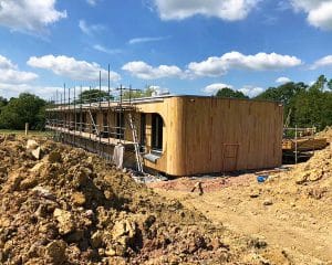 Side elevation of the near completed Lake House, a Para 80 (Para 79), energy efficient passive house. Another grand design by Hawkes Architecture.