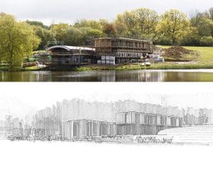 Early sketch and near completion of Lake House, a Para 80 (Para 79), energy efficient passive house. Another grand design by Hawkes Architecture.