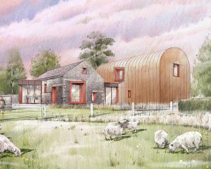Early sketch of Scot Pines, a Para 80 (Para 79), energy efficient passive house. Another grand design by Hawkes Architecture.