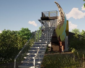Upper entrance to Mossie, a Para 80 energy efficient passive house. Another grand design by Hawkes Architecture.