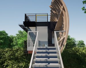 Upper floor entrance to Mossie, a Para 80, energy efficient passive house. Another grand design by Hawkes Architecture.
