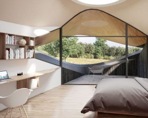 Bedroom at Water Lane, a Para 80 (Para 79), energy efficient passive house. Another grand design by Hawkes Architecture.