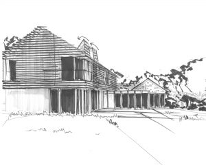Initial sketch of a Para 80, energy efficient, passive house. Another grand design by Hawkes Architecture.