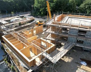 Construction on St Faiths Community Centre. An energy efficient renovation by Hawkes Architecture.