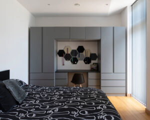 Bedroom at Bigbury Hollow, a Para 80 energy efficient passive house. Another grand design by Hawkes Architecture.
