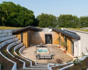 Ariel view of the courtyard at Bigbury Hollow, a Para 80 (PPS 7), energy efficient, passive house. Designed by Hawkes Architecture and featured on Channel 4's Grand Designs.