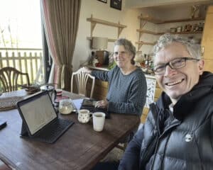 Richard Hawkes and Julie Gurr planning Hawkes Architecture's entry, The dogs, for Goodwoof's, Barkitecture at Goodwood in May 2023.