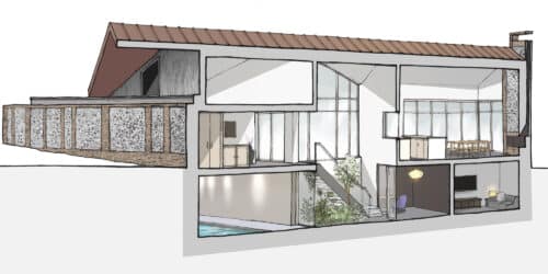 A cross section of Acorns, a Para 80, energy efficient passive house. Another grand design by Hawkes Architecture.