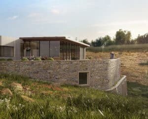 Side elevation of Cotswolds Quarry House. A Para 84 energy efficient passive house. Another grand design by Hawkes Architecture.